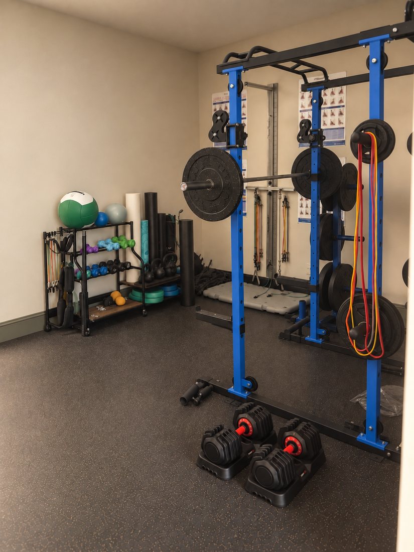 The strength space: a squat rack with a loaded barbell, resistance bands, dumbbells, medicine balls and foam rollers on a rubber floor.
